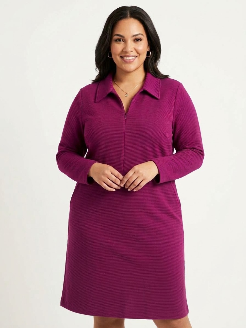 Boden Cam Zip Up Ottoman Dress Purple Ribbed Pockets Long Sleeves Sz 16-18 NWT